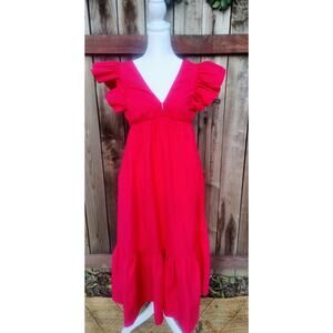 NWT Abercrombie & Fitch Flutter Sleeve Tiered Midi Dress Pink Barbiecore SZ S